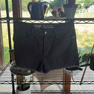 Dark grey high rise jean shorts.